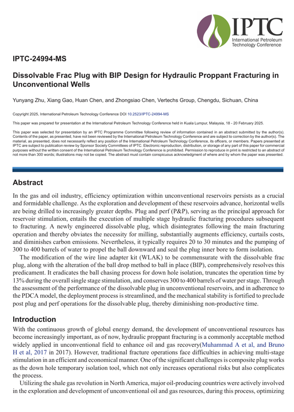 February 2025 · IPTC-24994-MS · Dissolvable frac plug with BIP design for hydraulic proppant fracturing in unconventional wells