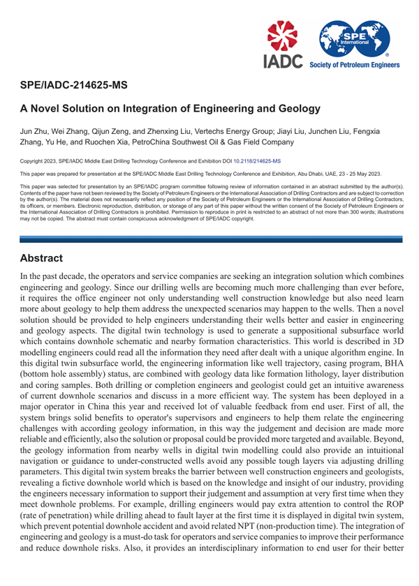 May 2023 · SPE/IADC-214625-MS · A novel solution on integration of engineering and geology