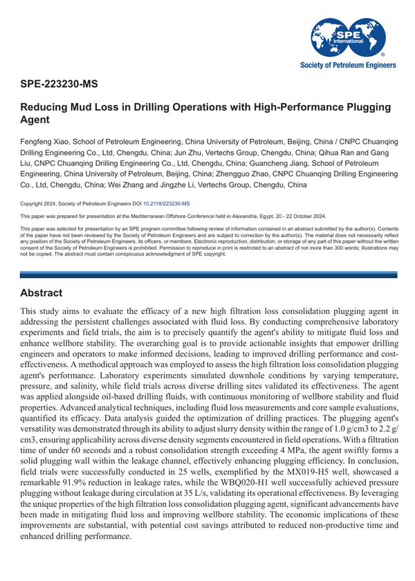 May 2024 · SPE-223230-MS · Reducing mud loss in drilling operations with high-performance plugging agent