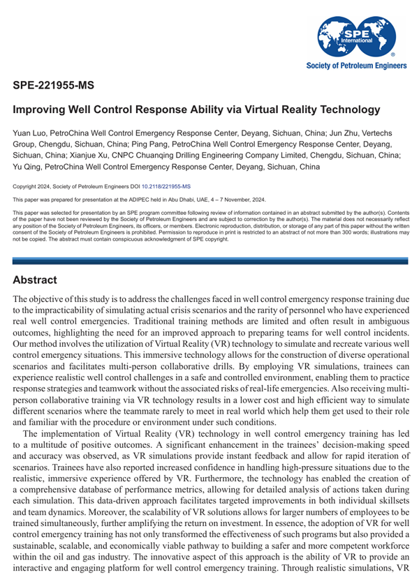 November 2024 · SPE-221955-MS · Improving well control response ability via virtual reality technology