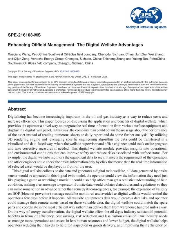 October 2023 · SPE-216108-MS · Enhancing oilfield management the digital wellsite advantages