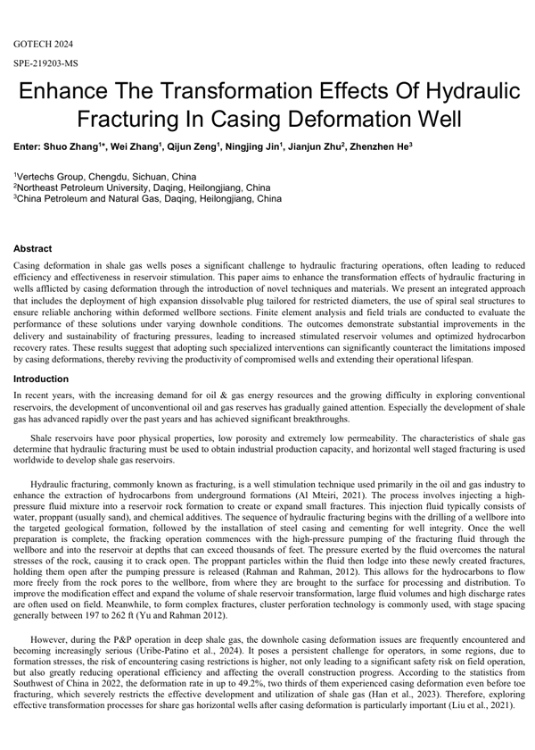 May 2024 · SPE-219203-MS · Enhance the transformation effects of hydraulic fracturing in casing deformation well