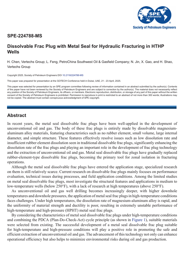 April 2025 · SPE-224788-MS · Dissolvable Frac Plug with Metal Seal for Hydraulic Fracturing in HTHP Wells