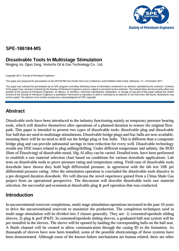 October 2017 · SPE-186184-MS · Dissolvable tools in multistage stimulation