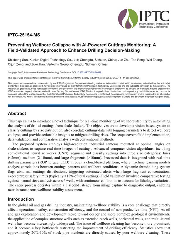 January 2026 · IPTC-25154-MS · Preventing Wellbore Collapse with AI-Powered Cuttings Monitoring A Field-Validated Approach to Enhance Drilling Decision-Making