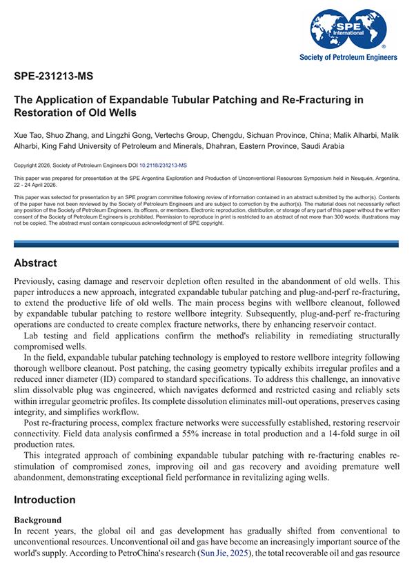 April 2026 · SPE-231213-MS · The Application of Expandable Tubular Patching and Re-Fracturing in Restoration of Old Wells