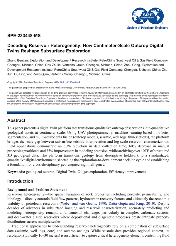 June 2026 · SPE-233448-MS · Decoding Reservoir Heterogeneity How Centimeter-Scale Outcrop Digital Twins Reshape Subsurface Exploration