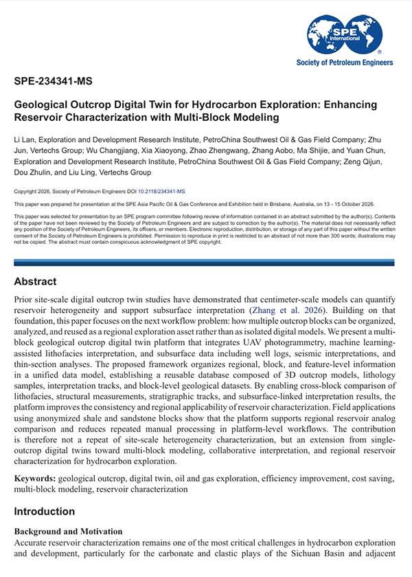 October 2026 · SPE-234341-MS · Geological Outcrop Digital Twin for Hydrocarbon Exploration: Enhancing Reservoir Characterization with Multi-Block Modeling