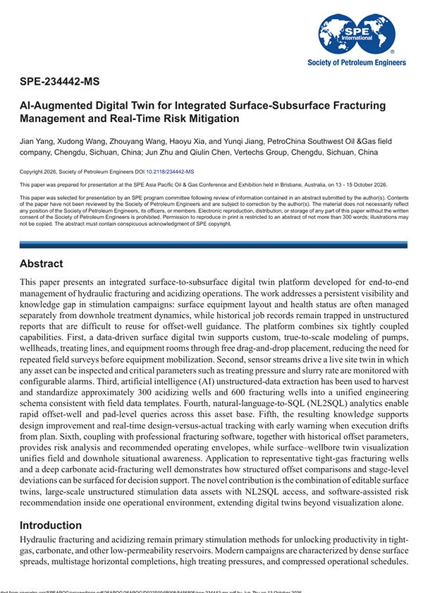 October 2026 · SPE-234442-MS · AI-Augmented Digital Twin for Integrated Surface-Subsurface Fracturing Management and Real-Time Risk Mitigation